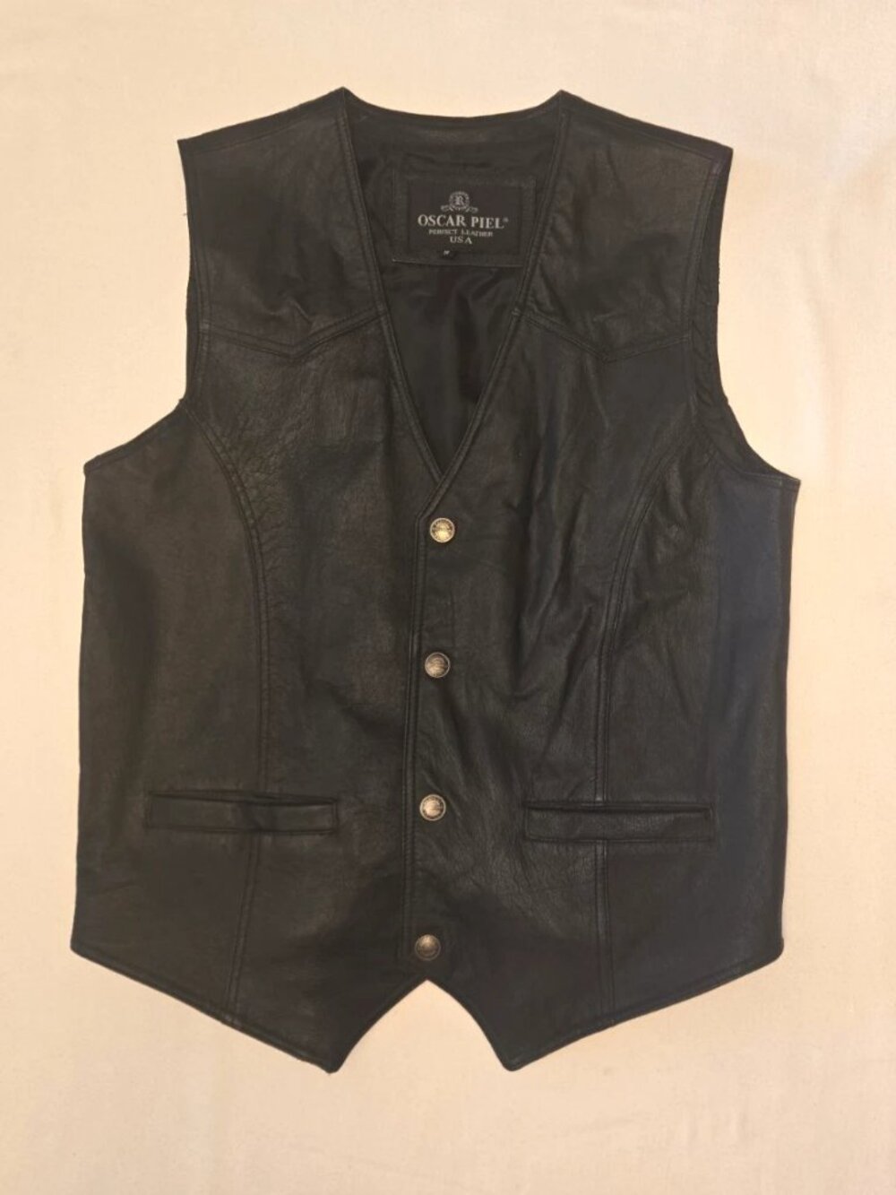 LEATHER Biker Vest by Oscar Piel. Black Leather. Men's Sz. M.